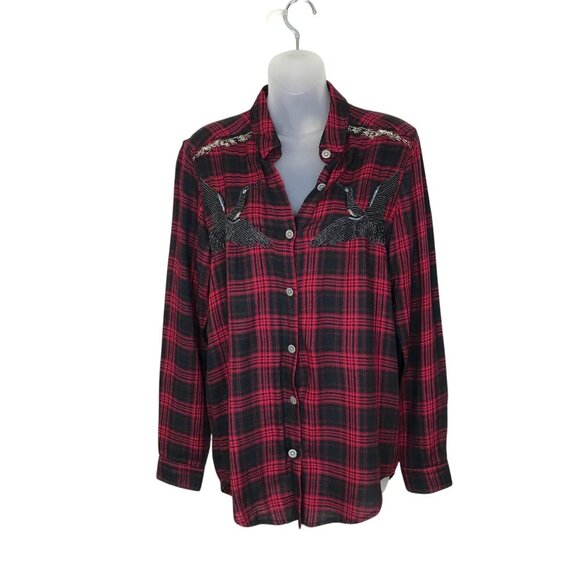 The Kooples Black & Red Plaid Button Down Shirt With Studs & Bead Work Size XXS - Picture 2 of 6